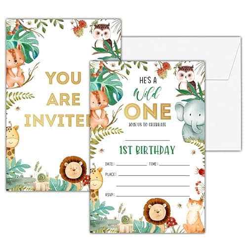 Wild One birthday invitations 25 double-sided cards with envelopes jungle animals fill-in style