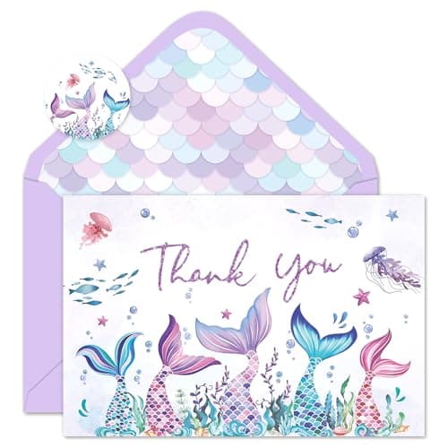 Whaline mermaid thank-you cards with envelopes and stickers 24-pack glitter purple fish tail 4x6 inch