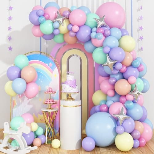 Pastel pink, purple, blue, yellow, and green balloon arch garland kit for birthday party