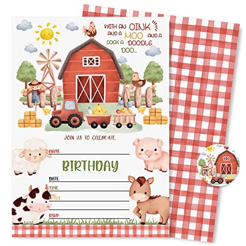 AnyDesign farm barnyard birthday party invitations 20 sets red buffalo plaid with envelopes and stickers