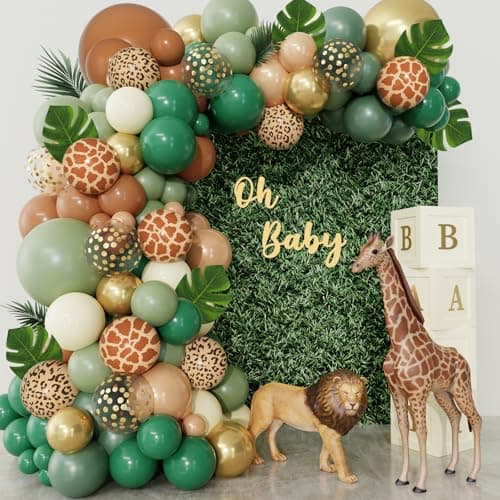 Jungle safari balloon arch garland kit with sage green, brown and animal print balloons and palm leaves