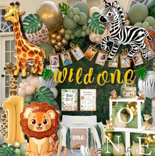 Daidle Wild One 132-piece safari first birthday party decorations kit with balloon garland, ONE boxes, and animal foil balloons