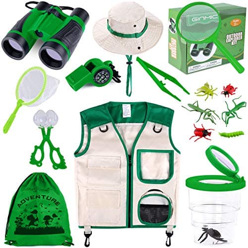 GINMIC kids explorer kit 16-piece set with binoculars, bug catcher, butterfly net, and compass