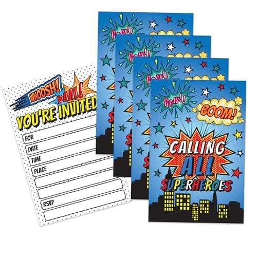 Superhero comic book birthday party fill-in invitations 20-count double-sided 4x6 inch with wet-to-seal envelopes