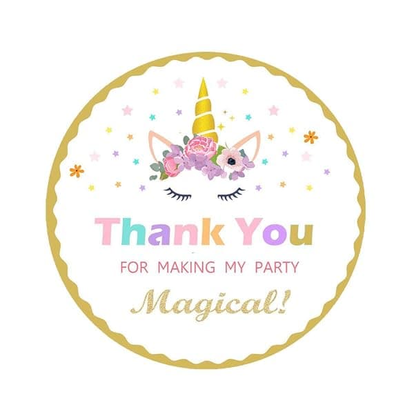 Colorful unicorn thank you round sticker seals for party envelopes, 50-pack