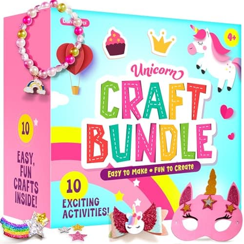Unicorn craft kit for girls with materials for 10 projects including slippers, headbands, and jewelry