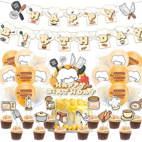 Cook party decorations set showing Happy Birthday banner with chef-hat letter pendants, orange and white balloons with kitchen utensil graphics, a cake topper, and cupcake toppers with cooking illustrations