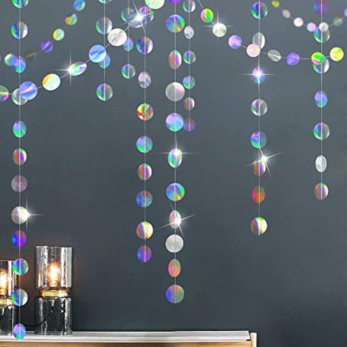 Iridescent holographic circle garland party decorations hanging as a shimmering backdrop