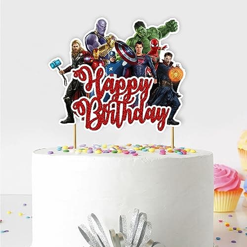 Superhero happy birthday cake topper in comic theme style for kids party decoration