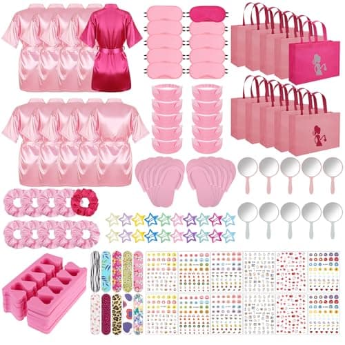 Hoemwarm 10-pack hot pink and pink girls spa party kit showing satin robes, eye masks, spa headbands, and nail accessories