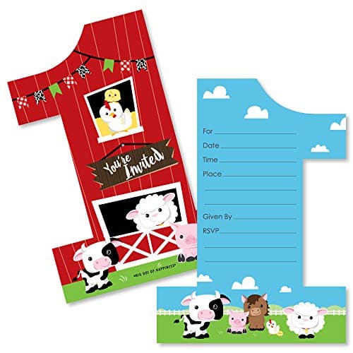 1st birthday farm animals shaped fill-in invitation cards set of 12 with envelopes barnyard theme