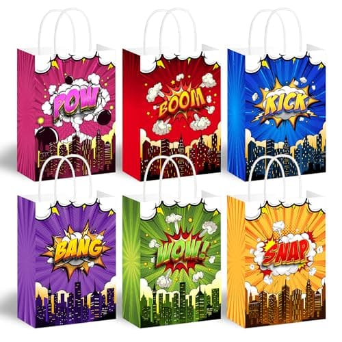BATYONGOGA superhero hero goodie favor bags with handles 24-pack in 6 comic styles