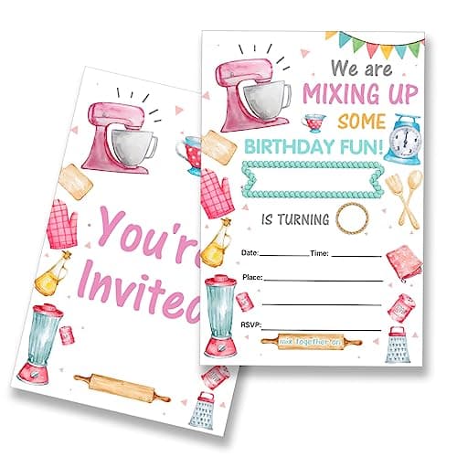 Two colorful cooking baking birthday party invitations featuring stand mixer and kitchen appliance illustrations