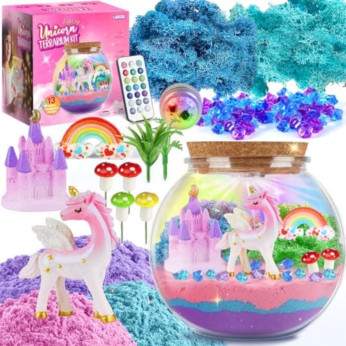 Unicorn terrarium kit with colored sand, crystals, unicorn miniatures, and color-changing LED night light