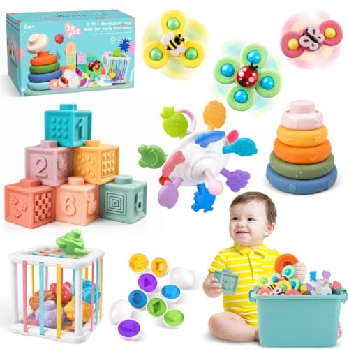 Plunack 6-in-1 baby Montessori toy for 6 to 12 months with stacking rings and sensory elements