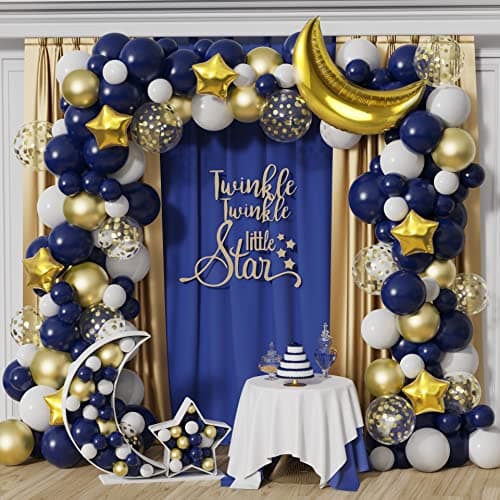 Twinkle Twinkle Little Star party decorations 127-piece navy blue white gold balloon garland arch kit with moon and star foil balloons