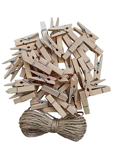 Mini natural wooden clothespins with jute twine for kids art gallery display