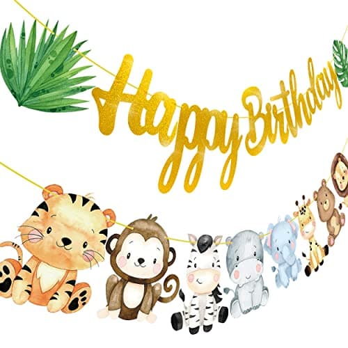 Jungle safari animal Happy Birthday party banner for kids birthday decoration