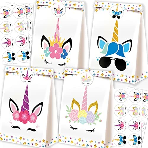 Unicorn-themed paper party favor bags in four designs, 24-pack
