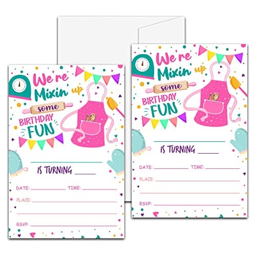 Colorful baking birthday party fill-in invitations with apron, rolling pin, and kitchen timer graphics