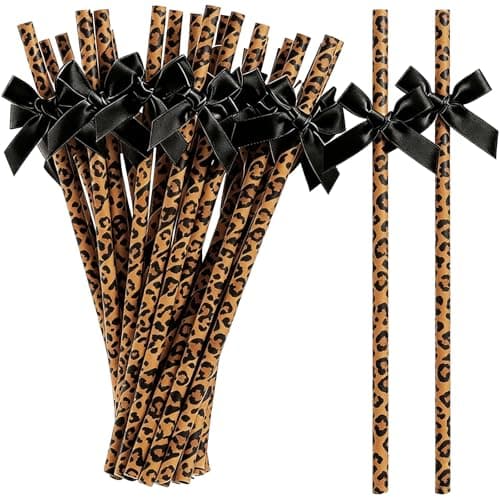Pack of 50 brown leopard print paper straws with black bow for safari party