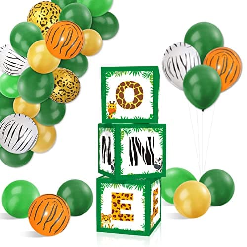 Jungle animals Wild One balloons boxes decoration set of 39 with balloon arch and ONE letter blocks