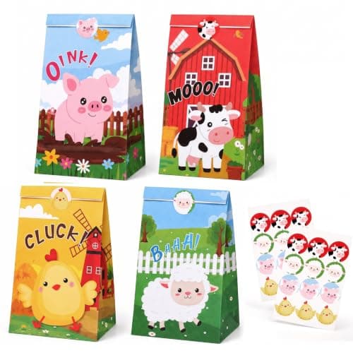 Joviwrap 24-piece farm animal party favor treat bags with stickers cow pig sheep chick barnyard design