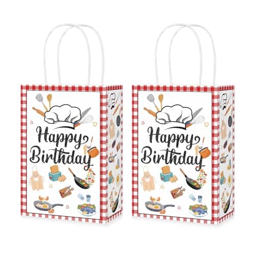 Two chef birthday party favor bags with twisted rope handles, red gingham border, and colorful kitchen tool illustrations including chef hat, rolling pin, spatula, and pan, with "Happy Birthday" text