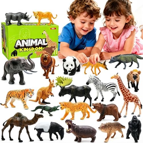 Set of 21 realistic wild safari zoo animal figurines including lions, elephants, giraffes, and hippos