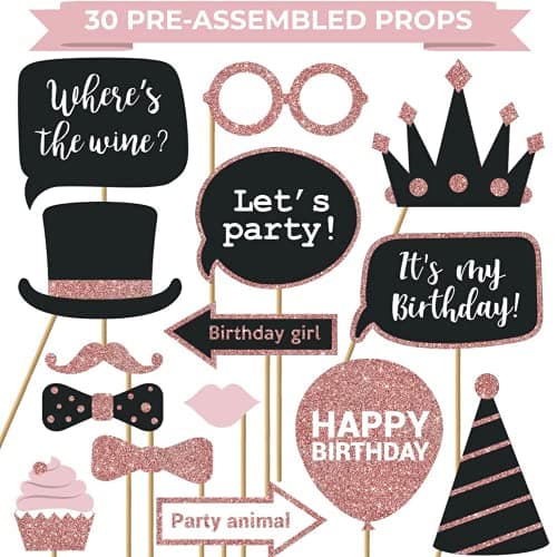 Set of 30 fully assembled rose gold and pink birthday photo booth props with glitter on wooden sticks