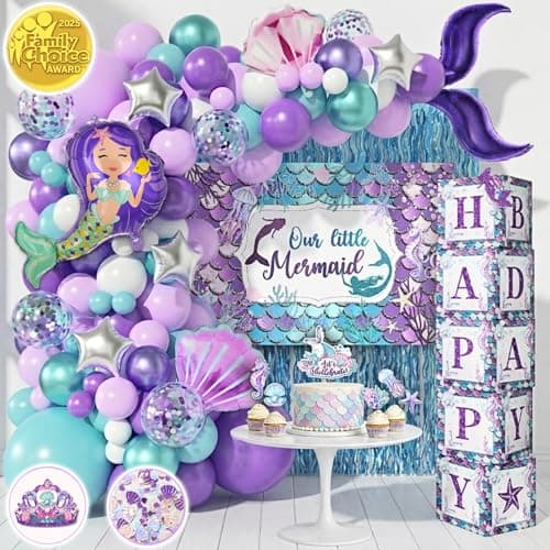 Mermaid birthday decorations kit 248-piece balloon arch fabric backdrop crown foil curtains in teal purple and pink