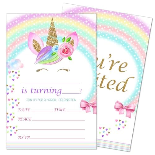 Pack of 20 colorful unicorn birthday party fill-in invitation cards with envelopes