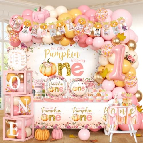 Little Pumpkin first birthday decorations for girl pink fall serves 20 guests with tableware