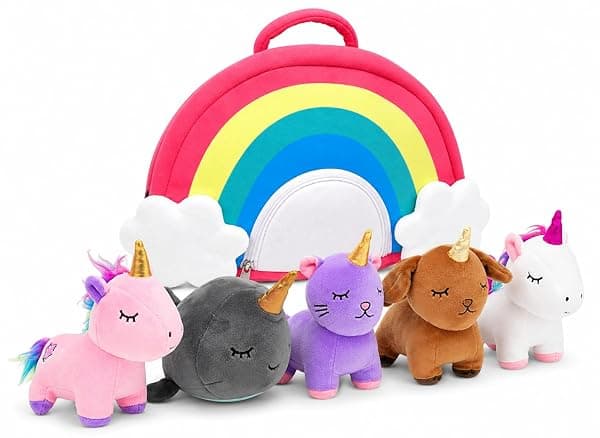 PixieCrush unicorn stuffed animal set with 5 plush toys including rainbow unicorn, narwhal, puppycorn, kittycorn and zipped carrying case