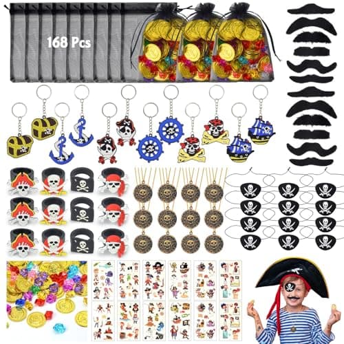 Pirate party favor assortment with eye patches, mustaches, coins, gems, and tattoos