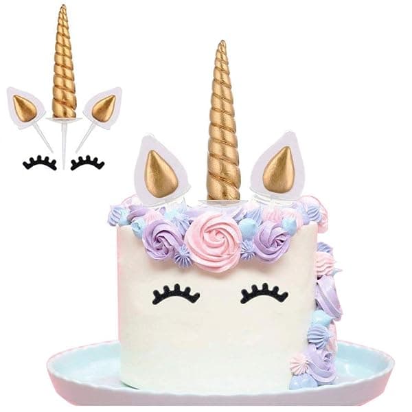 Reusable gold unicorn horn cake topper set with floral ears and eyelashes, 5-piece