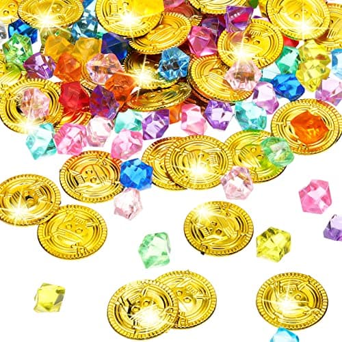 Set of 150 plastic pirate gold coins and colored acrylic gem jewels treasure set