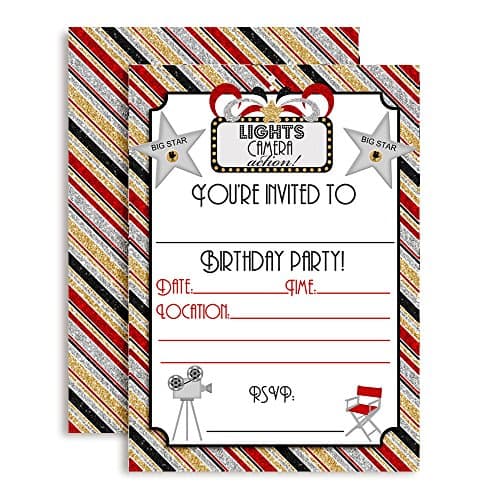 Lights Camera Action birthday party fill-in invitation cards with clapperboard and film reel design in bold colors