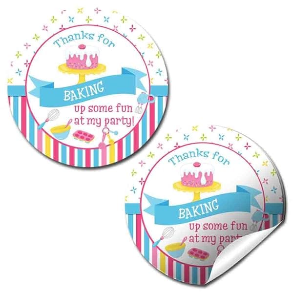Round 2-inch party sticker labels reading "Thanks for Baking up some fun at my party!" with birthday cake illustration on pink striped background