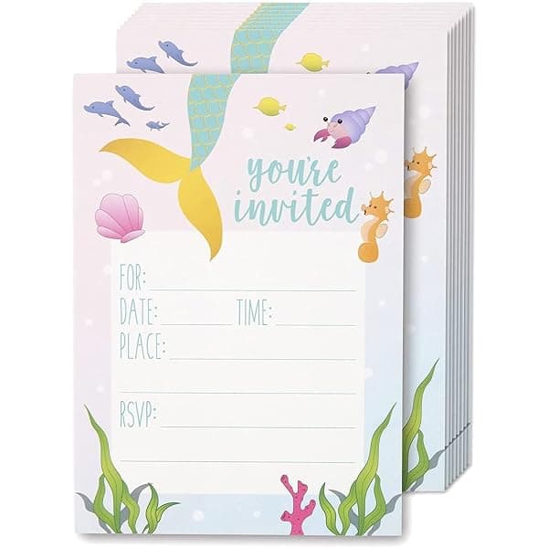 Mermaid party fill-in invitation cards with envelopes in pink and blue, 24-pack