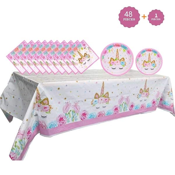 Unicorn birthday party tableware set with 32 plates, 16 napkins and table cover, rainbow unicorn print