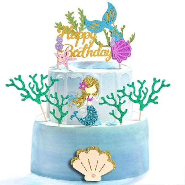 Glitter mermaid cake topper set with seaweed and shell picks