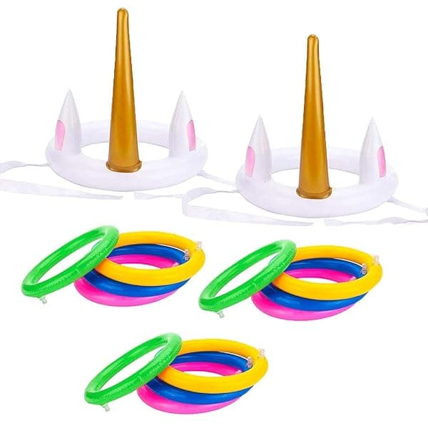 Inflatable unicorn ring toss party game with two unicorn stands and colorful toss rings