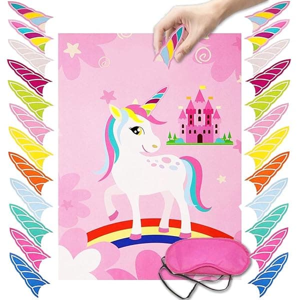 Pin the horn on the unicorn party game with large 21x28 inch poster and adhesive horn stickers