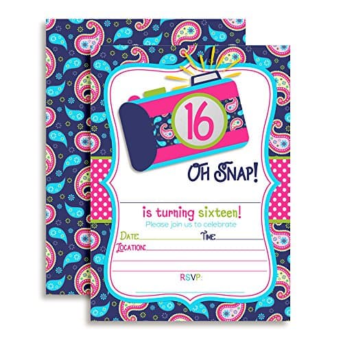 Oh Snap! camera themed 16th birthday fill-in invitation cards with colorful camera graphic and paisley background