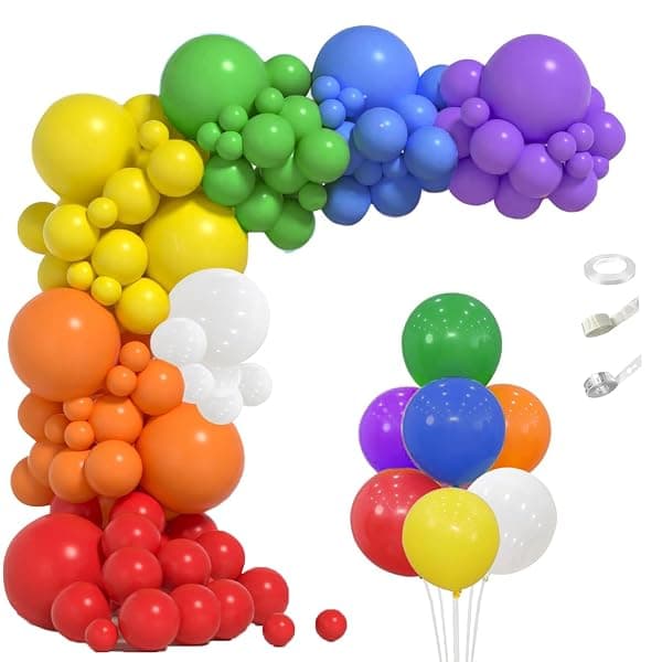 Rainbow colored balloon arch kit with balloons and arch strip