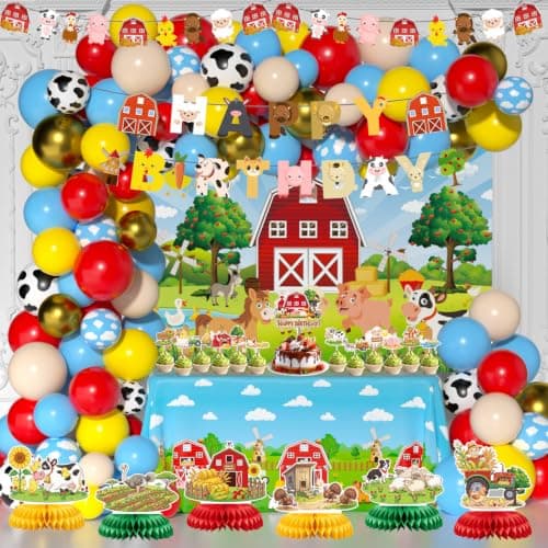 Farm animal theme birthday party decorations kit with backdrop banner tablecloth and balloon arch garland