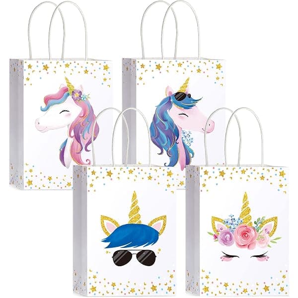 Unicorn and rainbow themed kraft paper party favor bags with handles