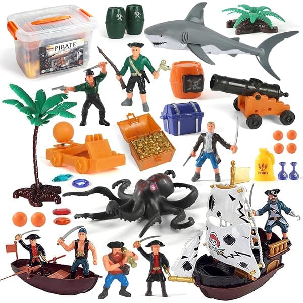 50-piece pirate action figures playset with ship, treasure chest, cannons, and shark