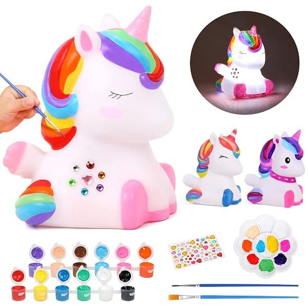 dededa paint your own unicorn night light art kit with paintable unicorn lamp, 12 paint pots and diamond gem stickers